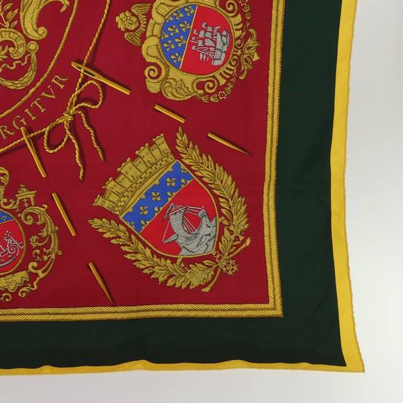 HERMES Carre 90 LES ARMES DE PARIS FLVCTVAT Scarf Silk Red Green Auth bs7738 - Picture 11 of 16